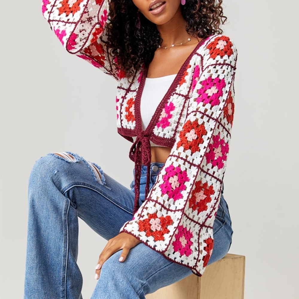 Mi Ami Floral Crocheted Granny Square  Cardigan Size Small